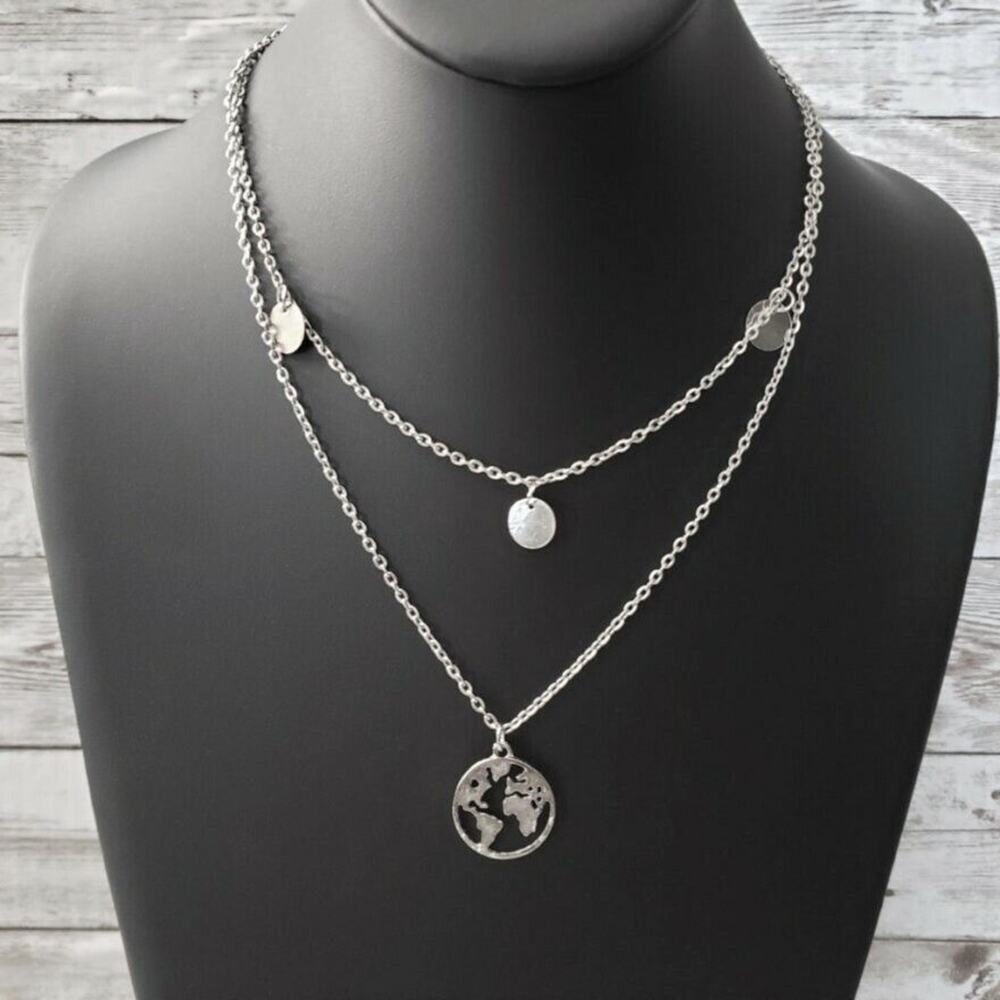 World / Globe Layered Pendant Necklace - Silver Tone Statement - New
